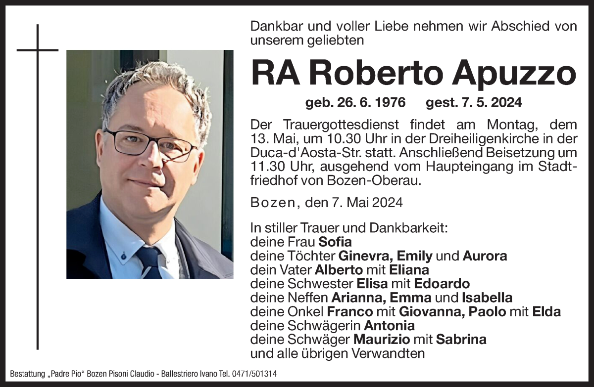  Traueranzeige für Roberto Apuzzo vom 11.05.2024 aus Dolomiten