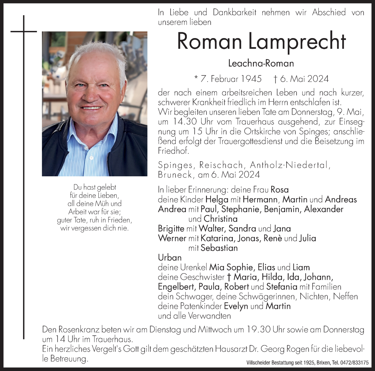  Traueranzeige für Roman Lamprecht vom 07.05.2024 aus Dolomiten