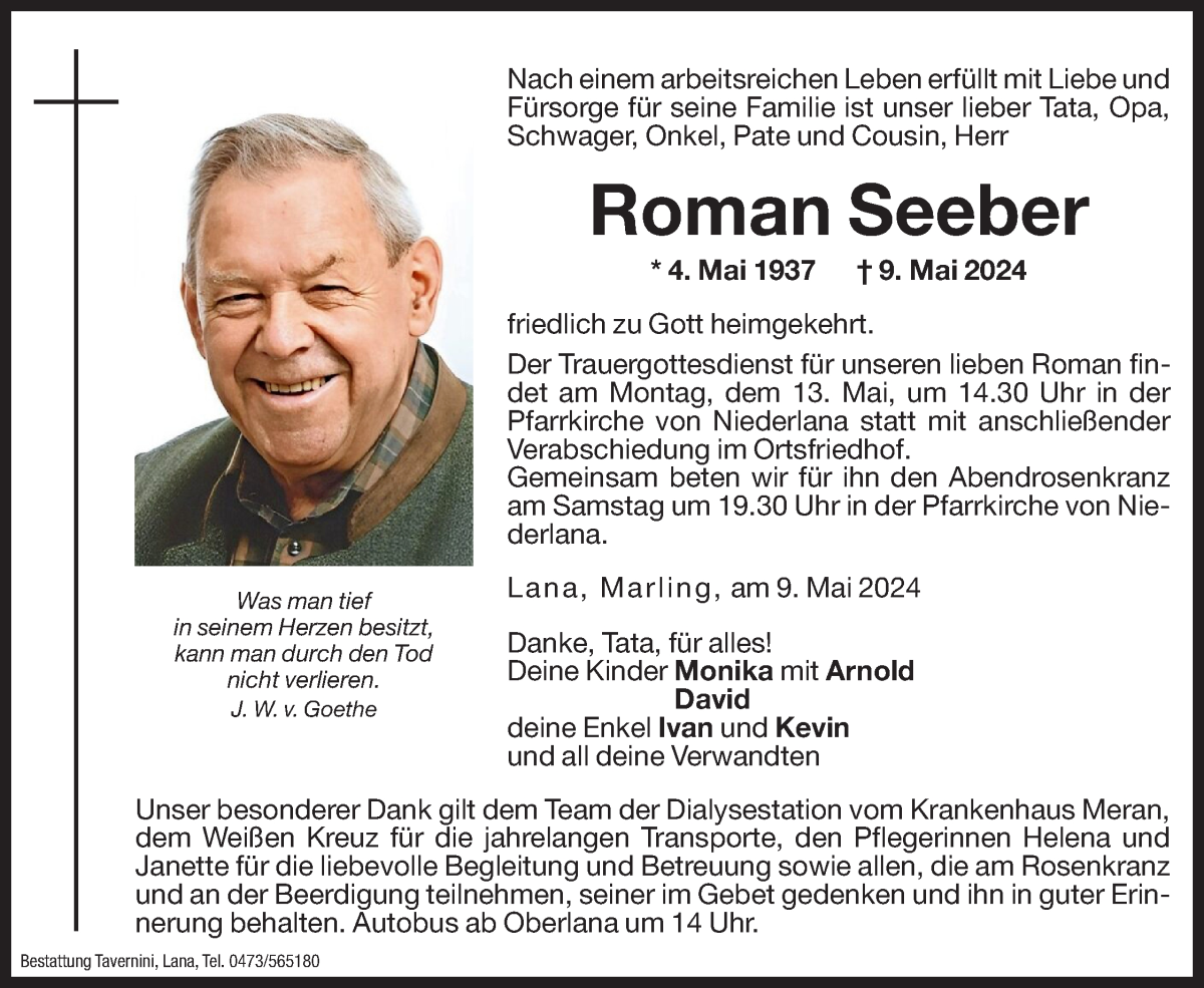  Traueranzeige für Roman Seeber vom 11.05.2024 aus Dolomiten