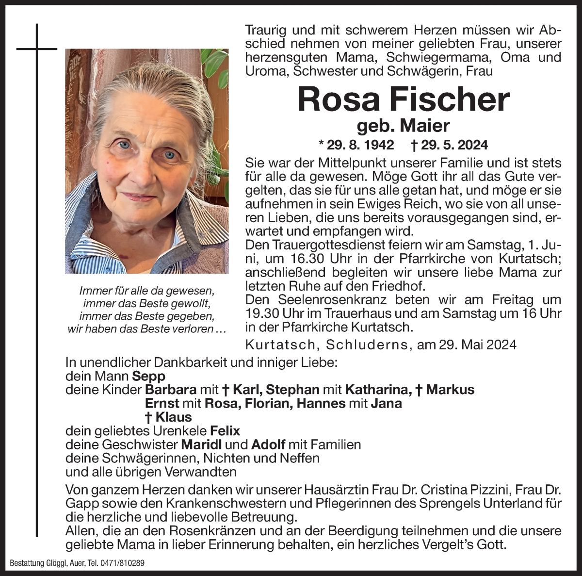  Traueranzeige für Rosa Fischer vom 31.05.2024 aus Dolomiten