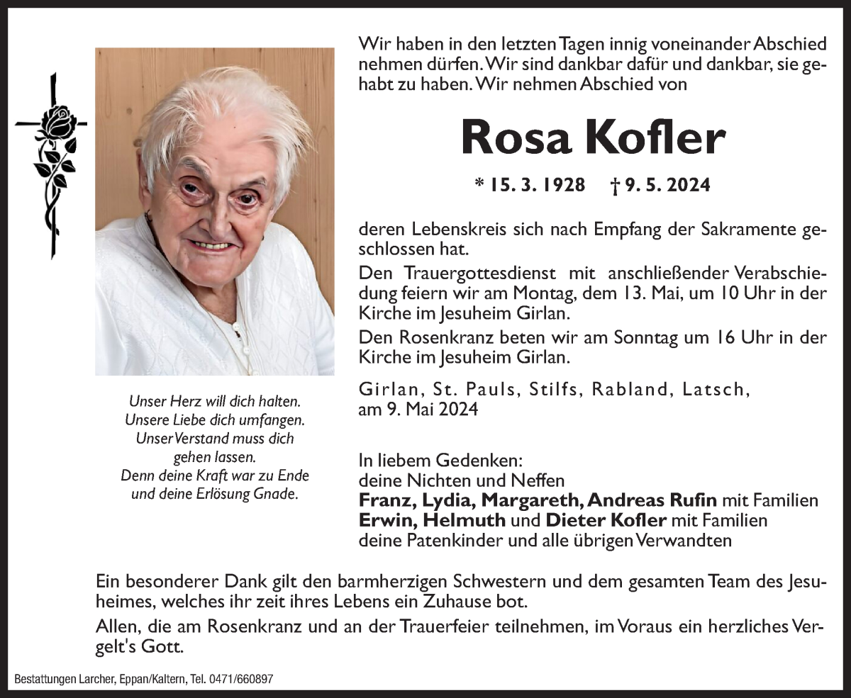 Traueranzeige für Rosa Kofler vom 10.05.2024 aus Dolomiten