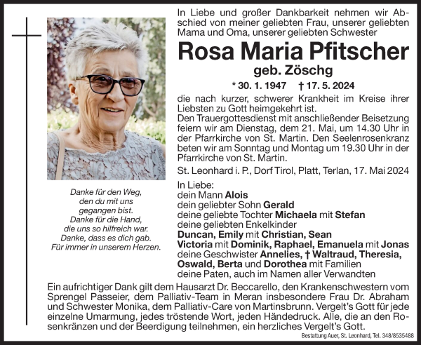 Traueranzeige von Rosa Maria Pfitscher von Dolomiten