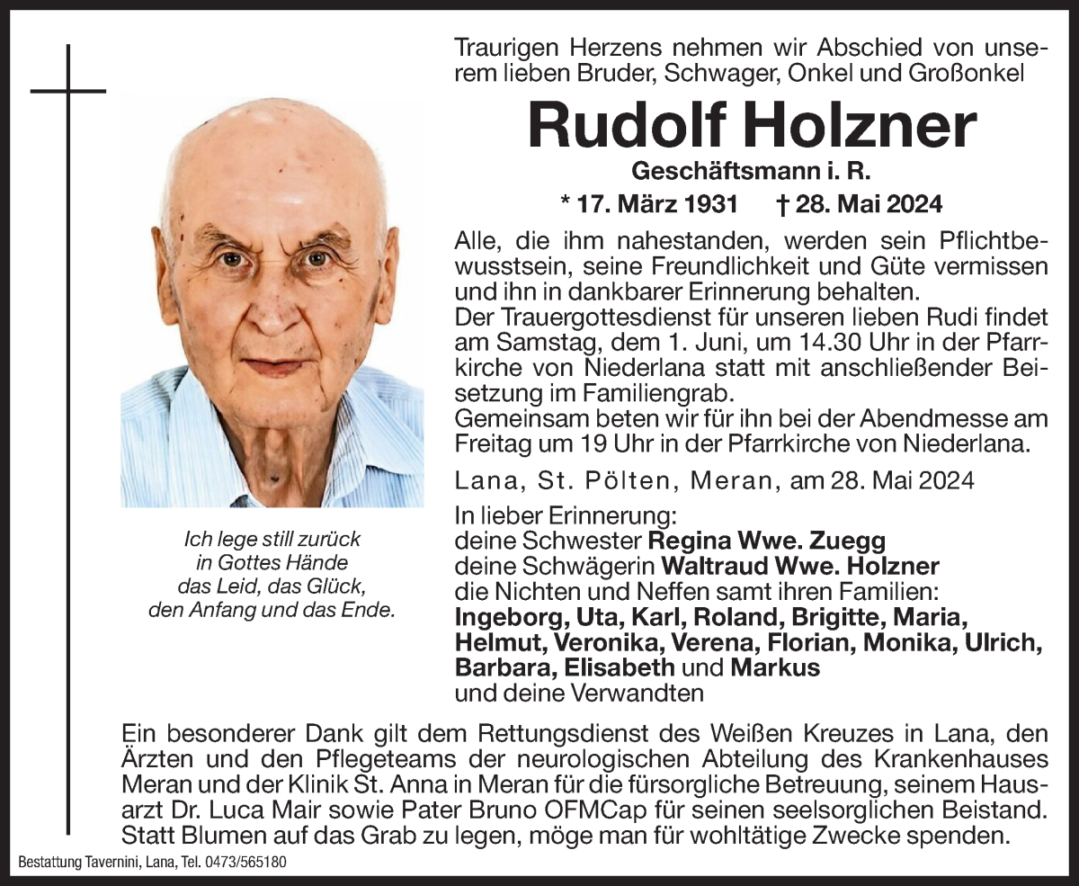  Traueranzeige für Rudolf Holzner vom 30.05.2024 aus Dolomiten