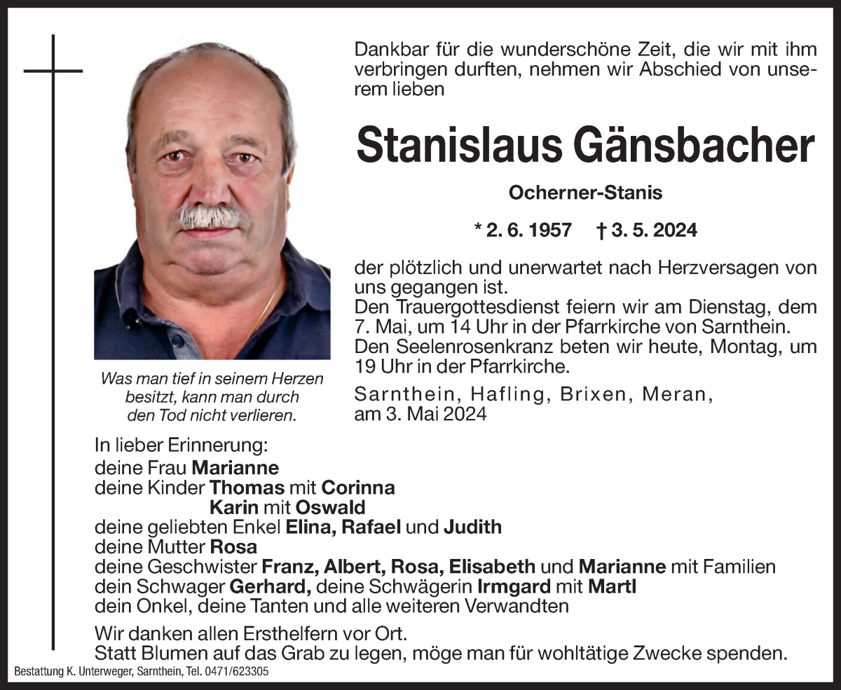  Traueranzeige für Stanislaus Gänsbacher vom 06.05.2024 aus Dolomiten