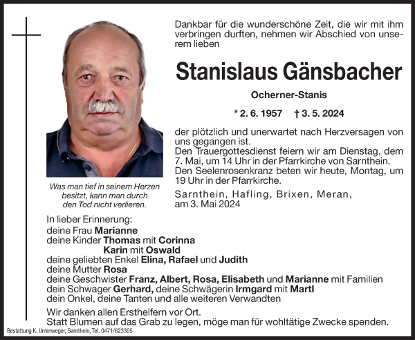 Traueranzeige von Stanislaus Gänsbacher von Dolomiten