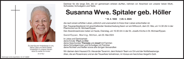 Traueranzeige von Susanna Spitaler von Dolomiten