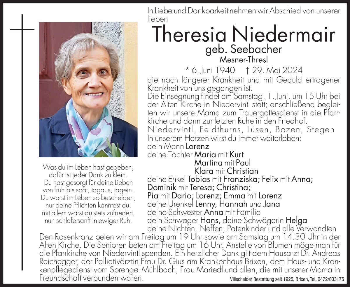  Traueranzeige für Theresia Niedermair vom 31.05.2024 aus Dolomiten