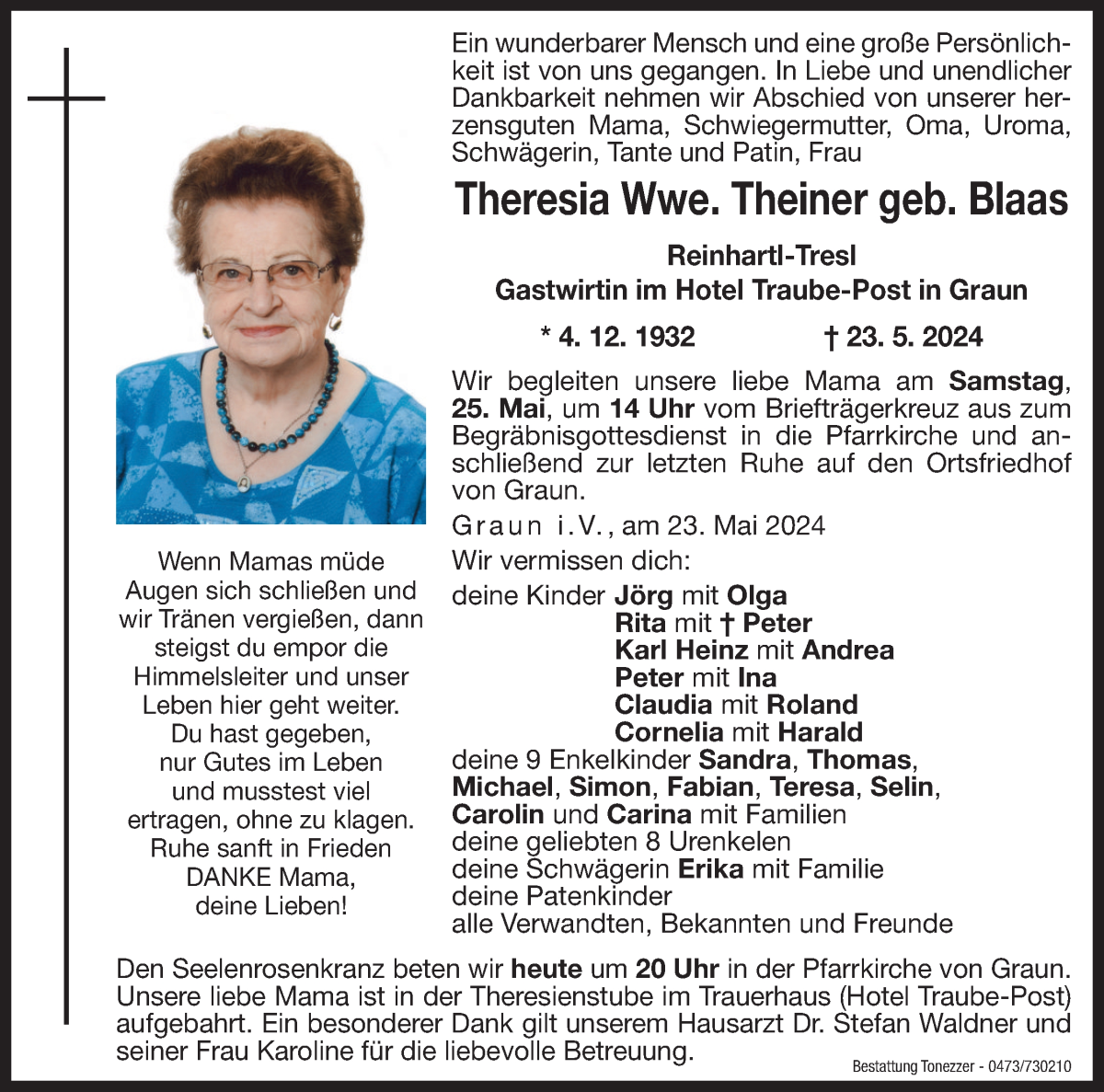  Traueranzeige für Theresia Theiner vom 24.05.2024 aus Dolomiten