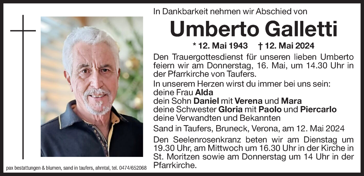  Traueranzeige für Umberto Galletti vom 14.05.2024 aus Dolomiten 