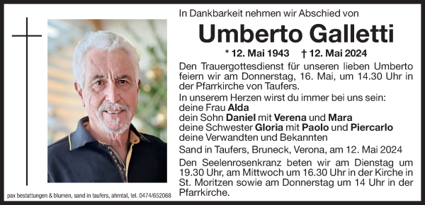 Traueranzeige von Umberto Galletti von Dolomiten 