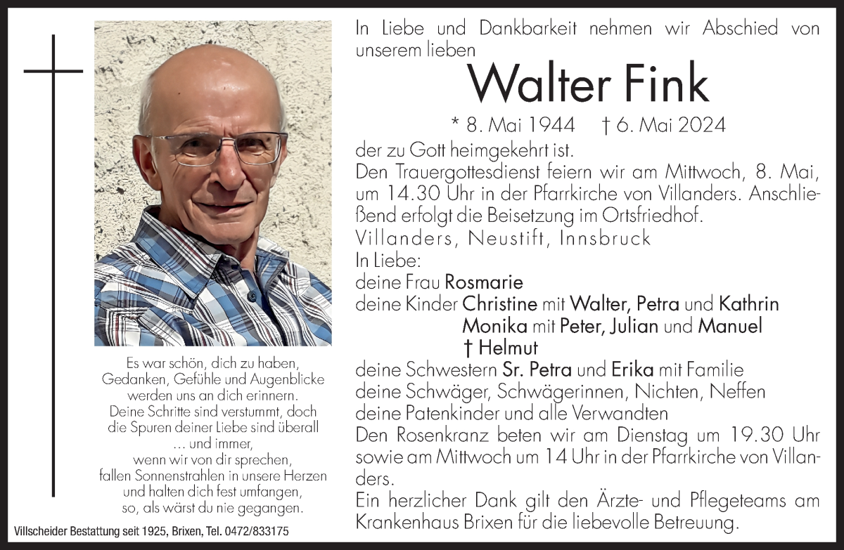  Traueranzeige für Walter Fink vom 07.05.2024 aus Dolomiten