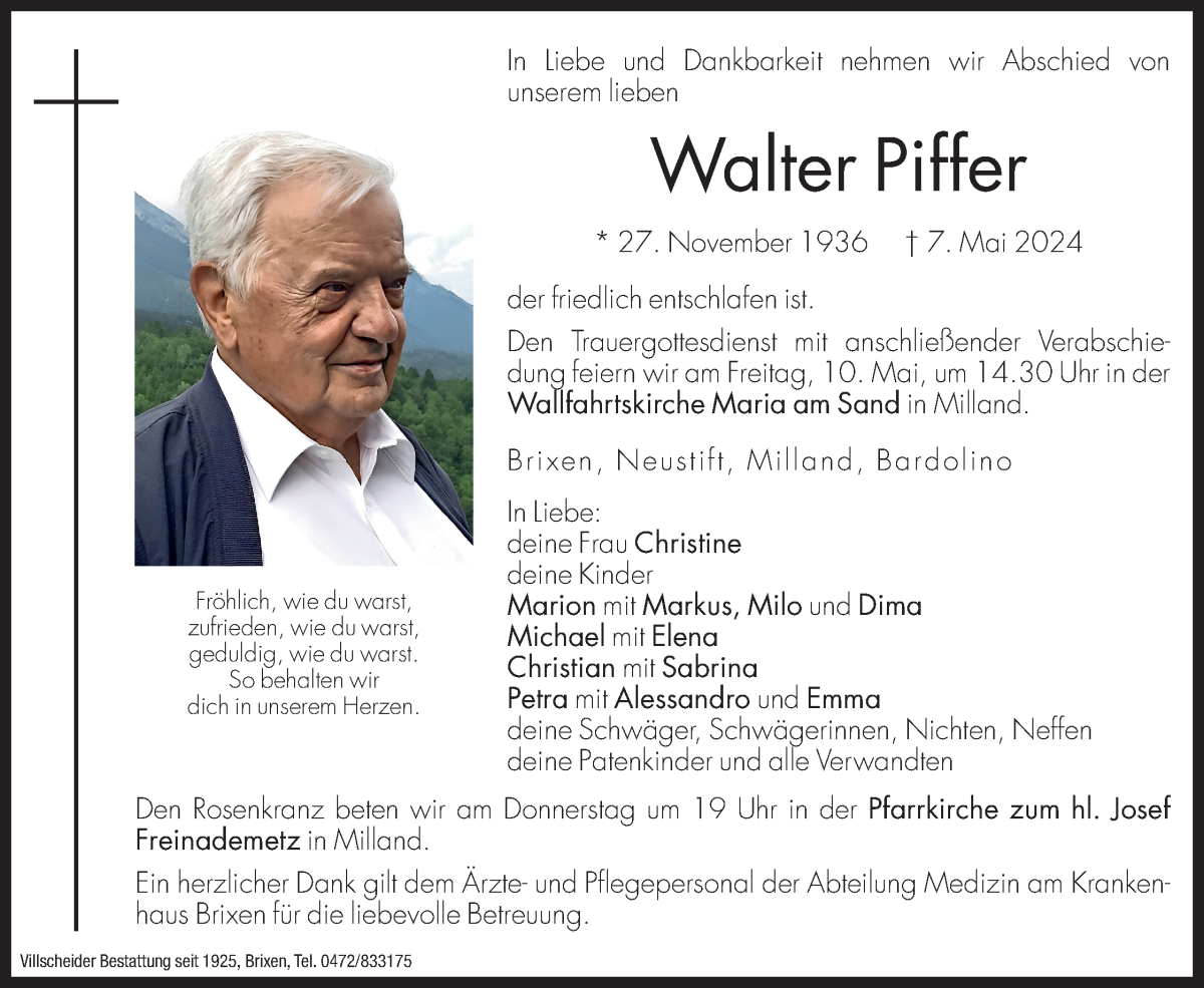  Traueranzeige für Walter Piffer vom 08.05.2024 aus Dolomiten