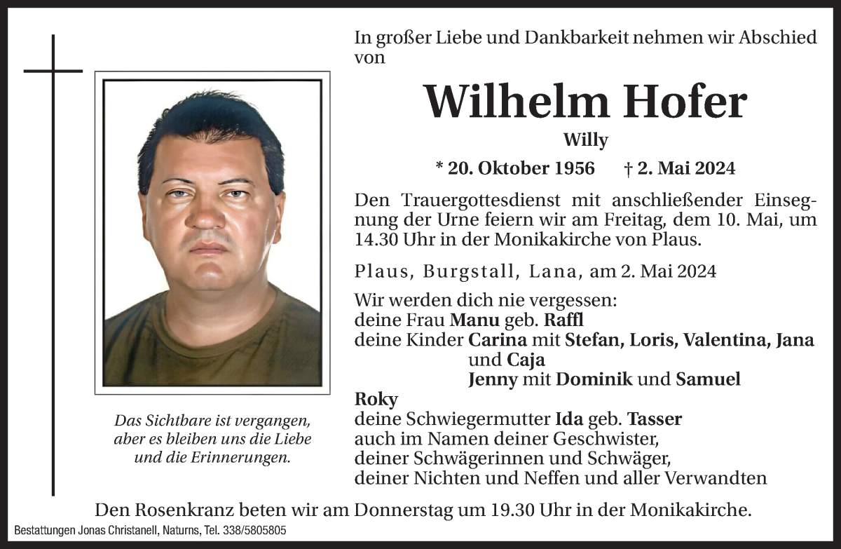  Traueranzeige für Wilhelm Hofer vom 08.05.2024 aus Dolomiten