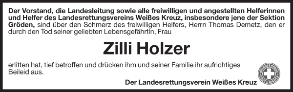 Traueranzeige von Zilli Holzer von Dolomiten