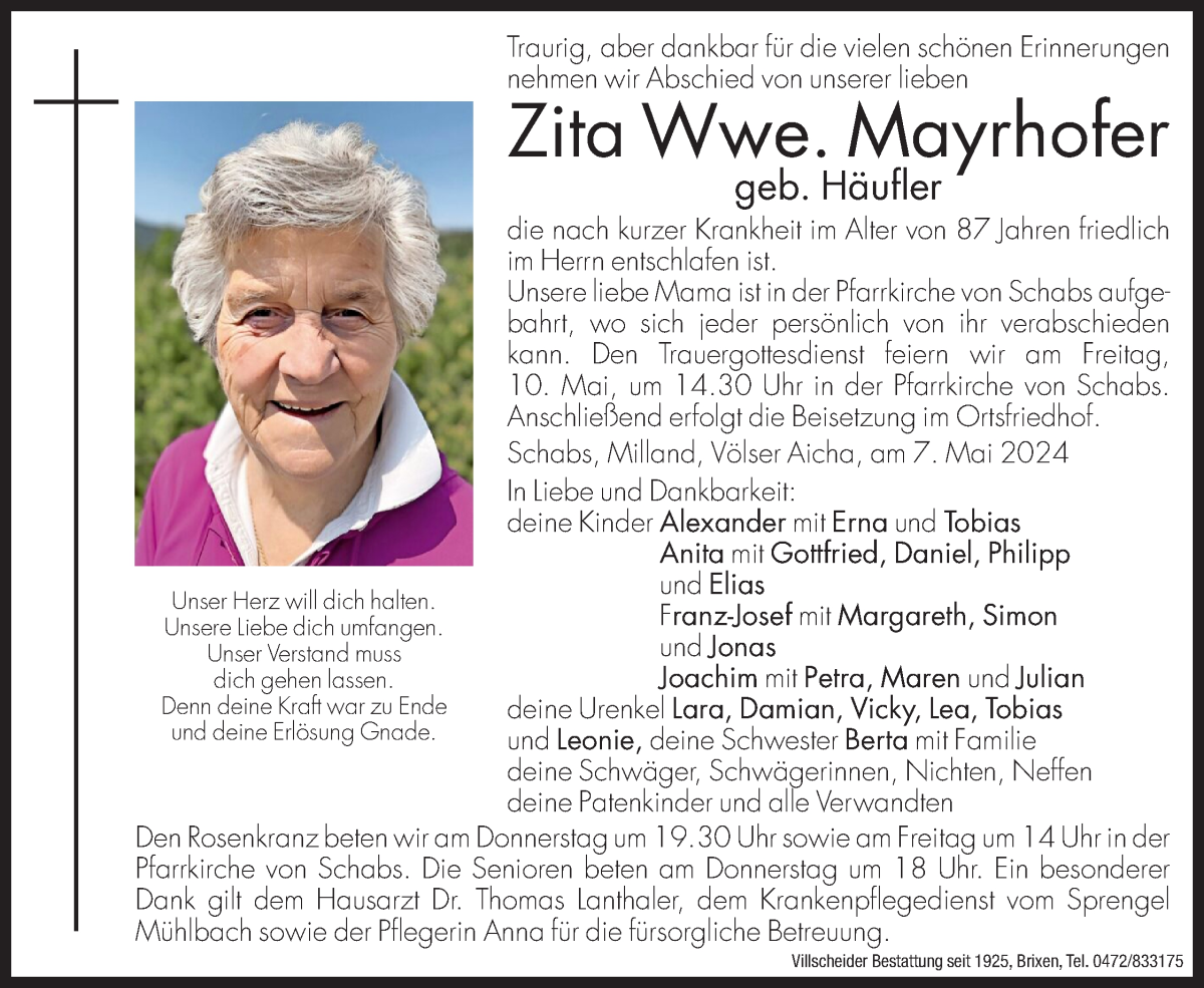  Traueranzeige für Zita Mayrhofer vom 09.05.2024 aus Dolomiten