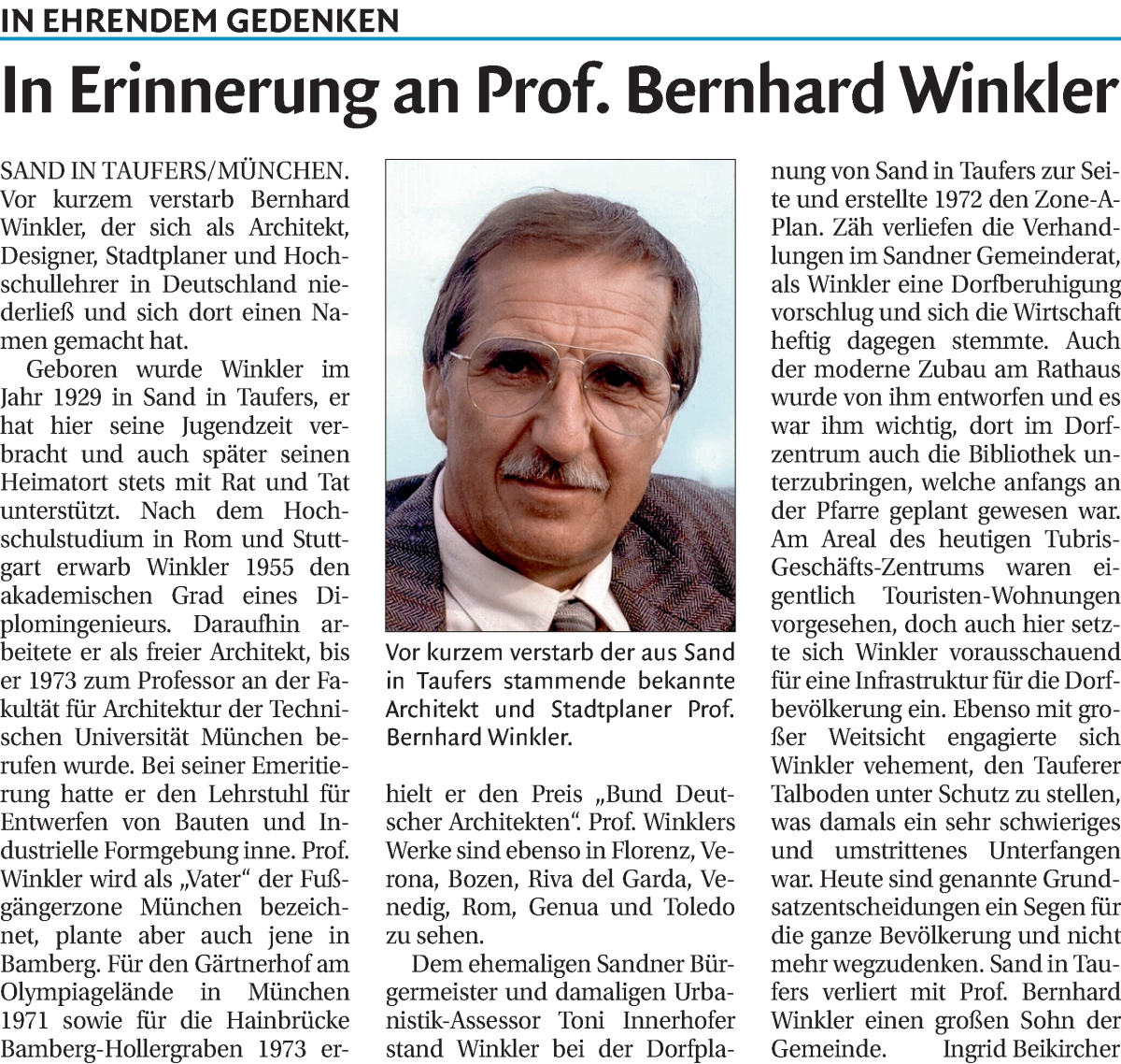  Traueranzeige für Bernhard Winkler vom 15.06.2024 aus Dolomiten