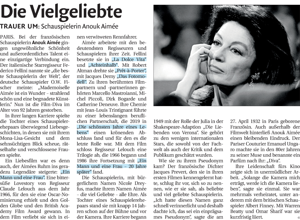  Traueranzeige für Anouk Aimée vom 19.06.2024 aus Dolomiten