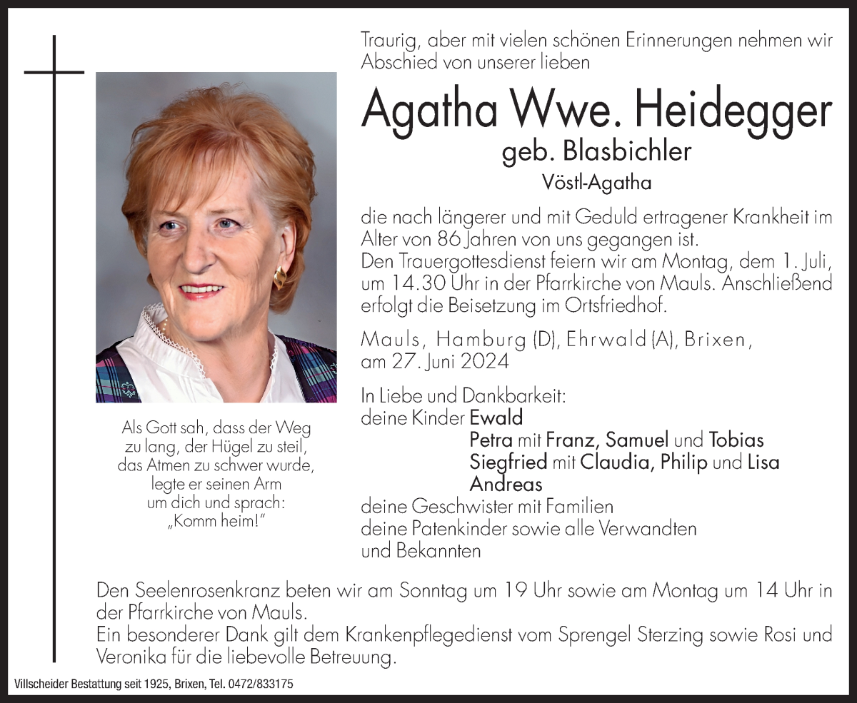  Traueranzeige für Agatha Heidegger vom 29.06.2024 aus Dolomiten