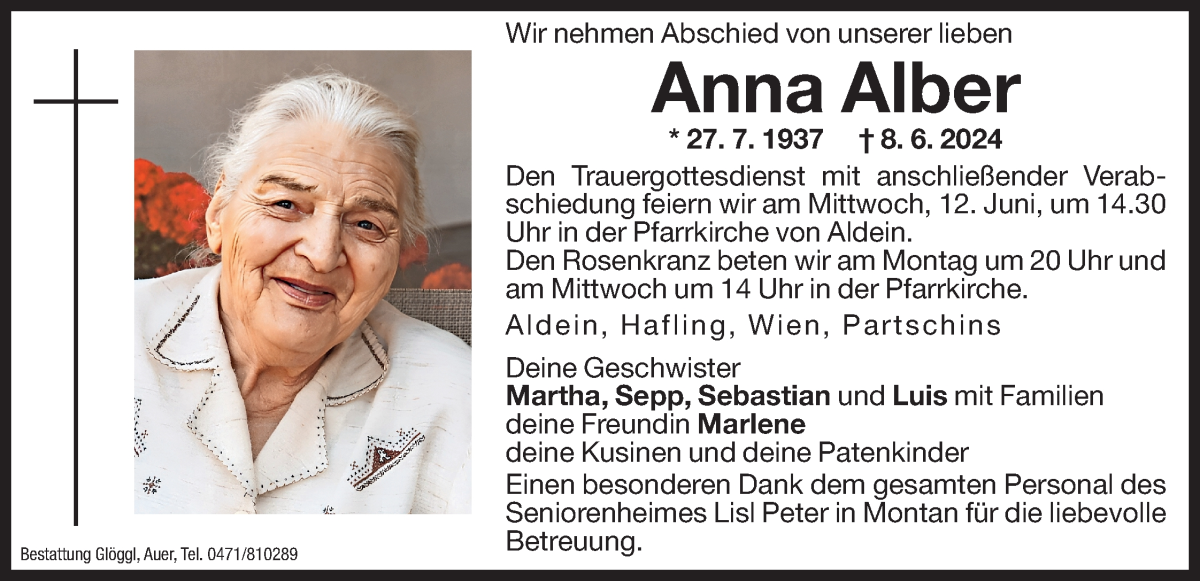  Traueranzeige für Anna Alber vom 10.06.2024 aus Dolomiten