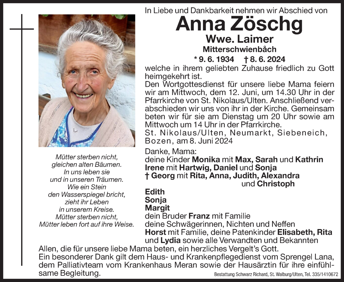  Traueranzeige für Anna Laimer vom 10.06.2024 aus Dolomiten