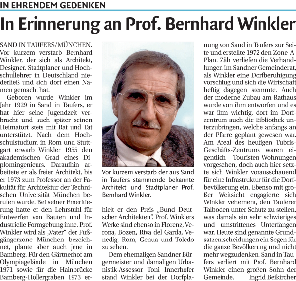 Traueranzeige von Bernhard Winkler von Dolomiten