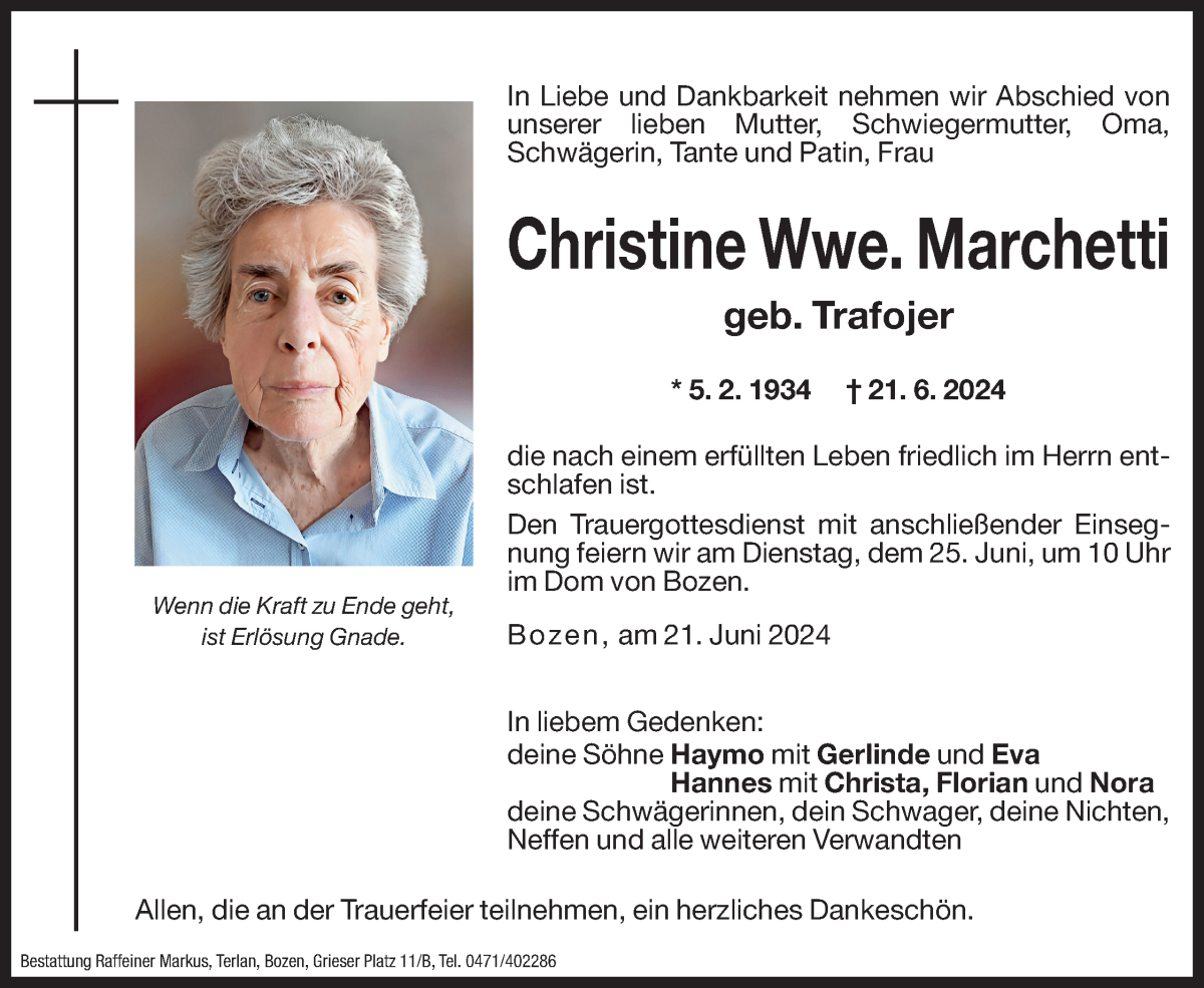  Traueranzeige für Christine Marchetti vom 24.06.2024 aus Dolomiten