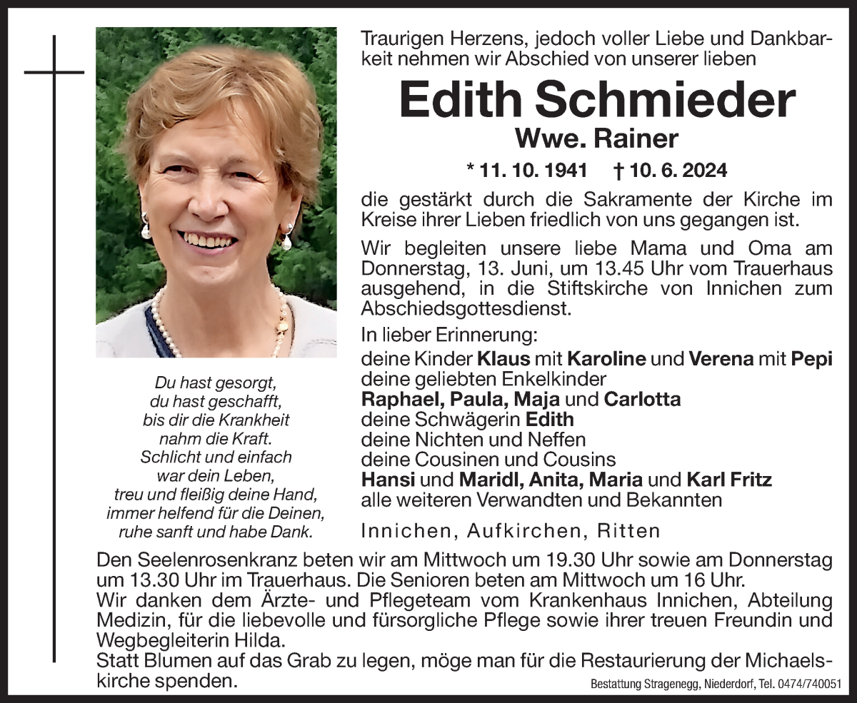  Traueranzeige für Edith Rainer vom 12.06.2024 aus Dolomiten