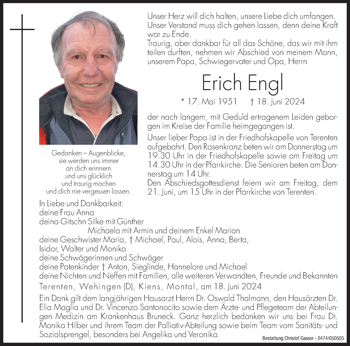  Traueranzeige für Erich Engl vom 20.06.2024 aus Dolomiten