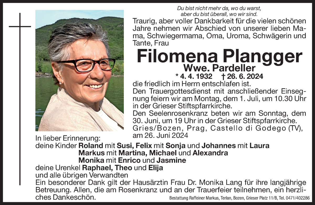  Traueranzeige für Filomena Pardeller vom 28.06.2024 aus Dolomiten