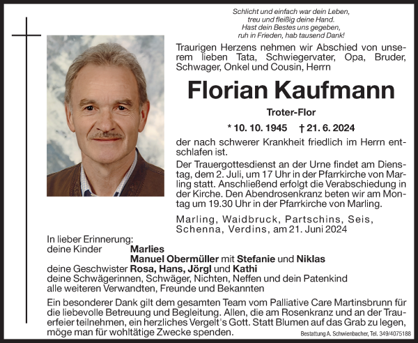Traueranzeige von Florian Kaufmann von Dolomiten