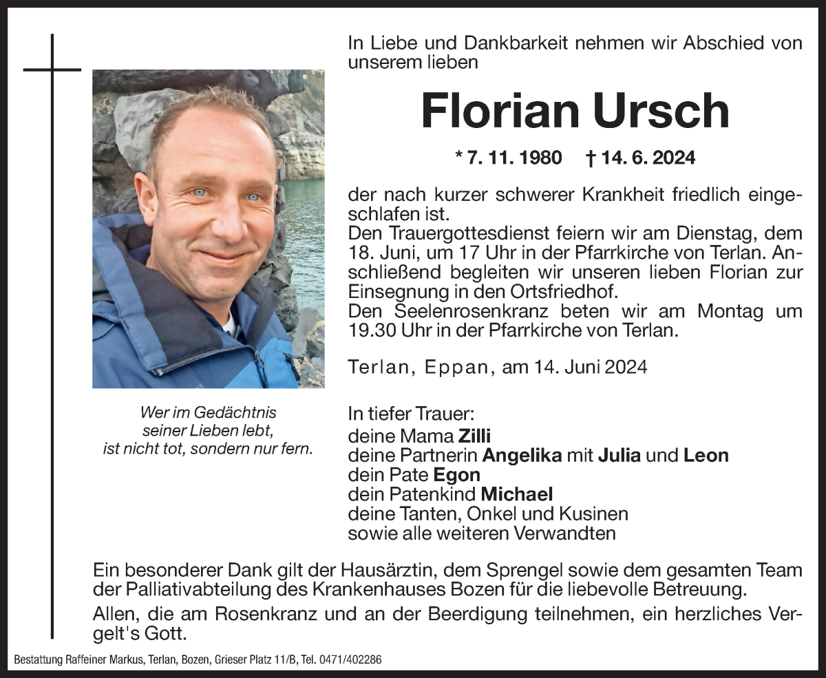  Traueranzeige für Florian Ursch vom 15.06.2024 aus Dolomiten