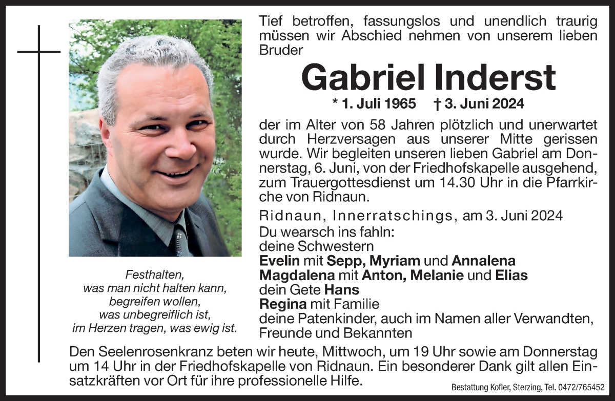  Traueranzeige für Gabriel Inderst vom 05.06.2024 aus Dolomiten