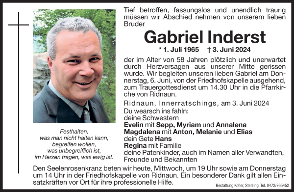 Traueranzeige von Gabriel Inderst von Dolomiten