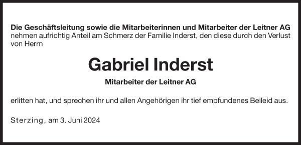 Traueranzeige von Gabriel Inderst von Dolomiten