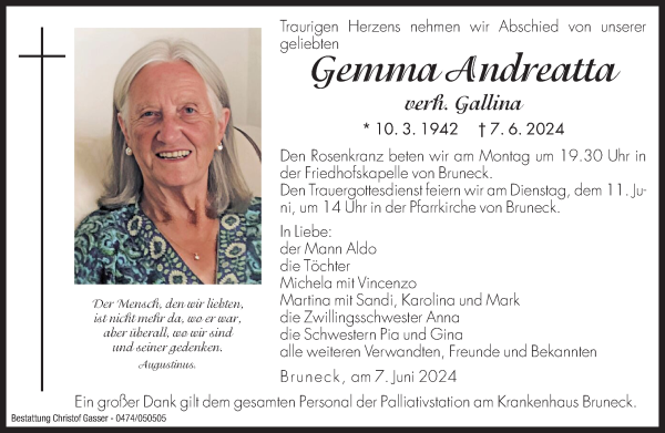 Traueranzeige von Gemma Gallina von Dolomiten