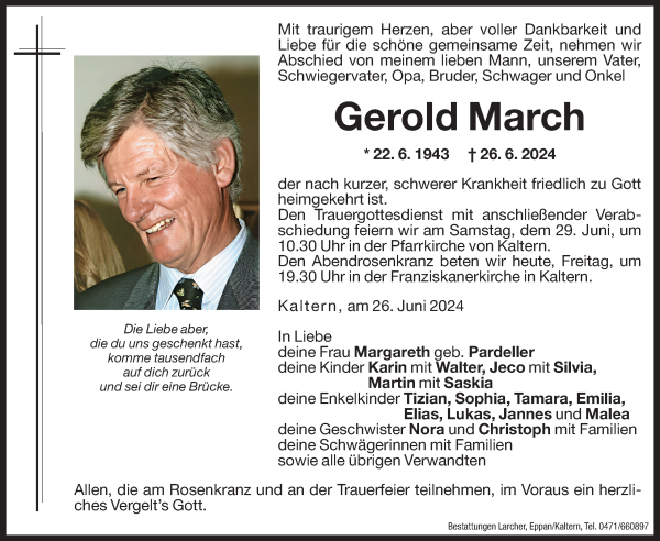 Traueranzeige von Gerold March von Dolomiten