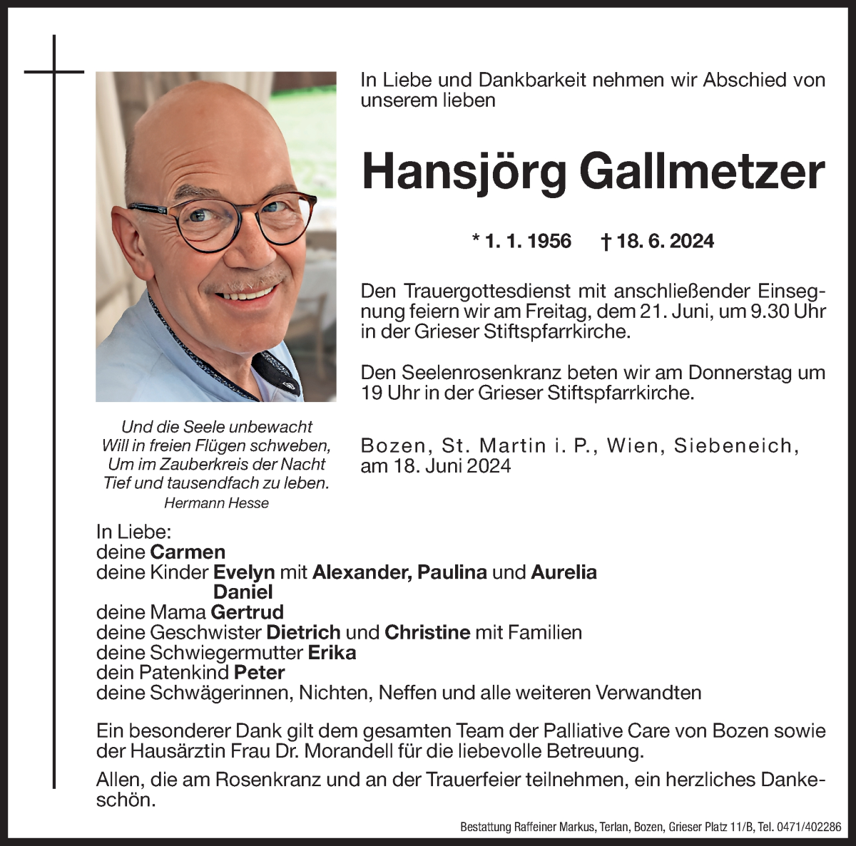  Traueranzeige für Hansjörg Gallmetzer vom 19.06.2024 aus Dolomiten