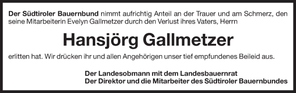 Traueranzeige von Hansjörg Gallmetzer von Dolomiten