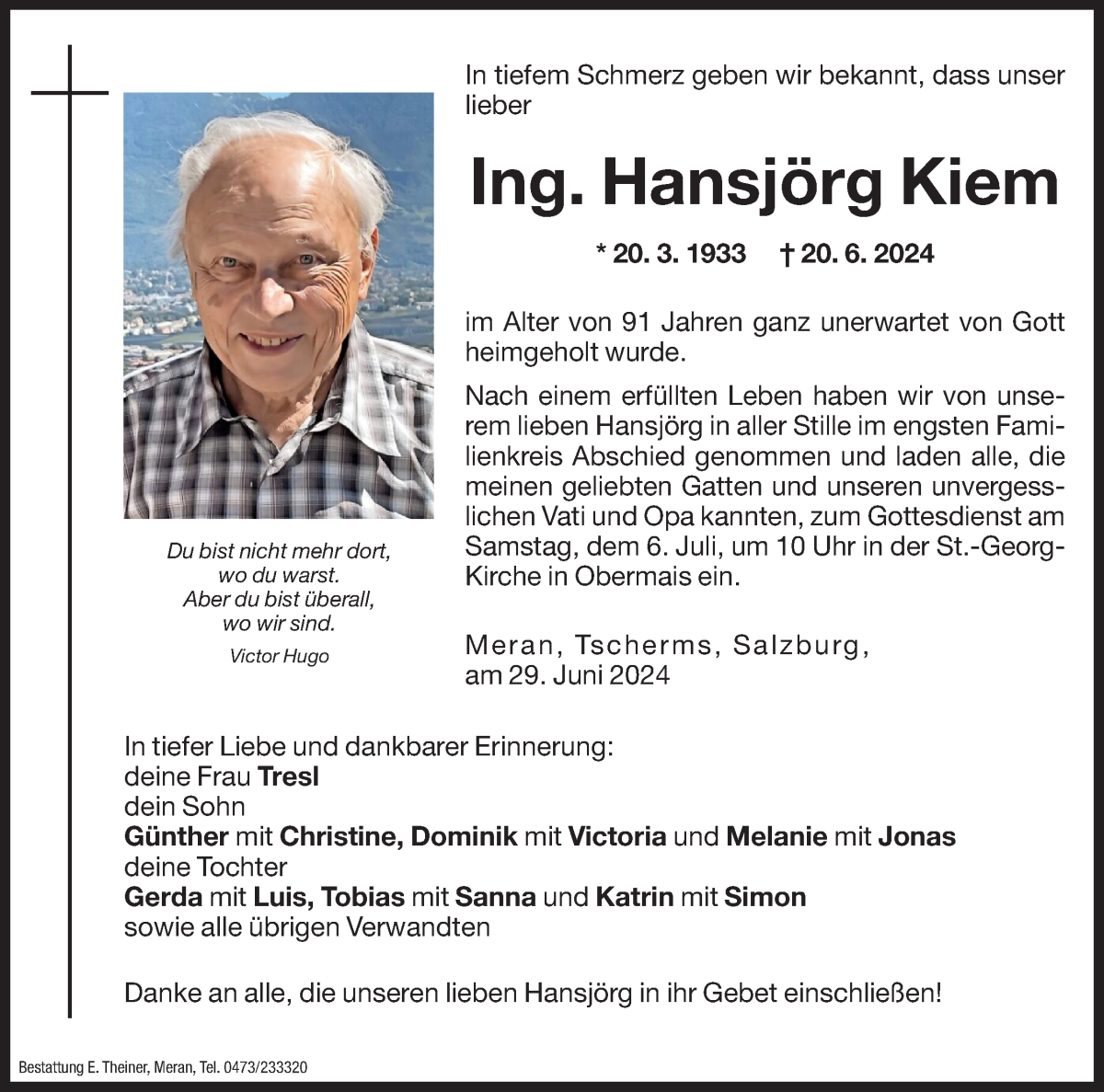  Traueranzeige für Hansjörg Kiem vom 29.06.2024 aus Dolomiten