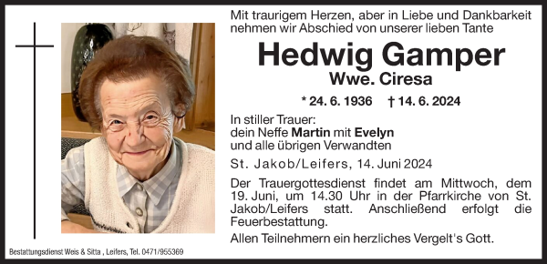 Traueranzeige von Hedwig Ciresa von Dolomiten