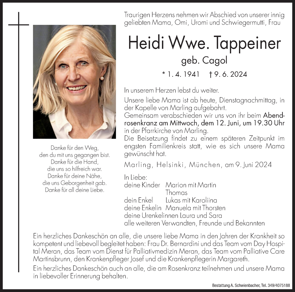  Traueranzeige für Heidi Tappeiner vom 11.06.2024 aus Dolomiten