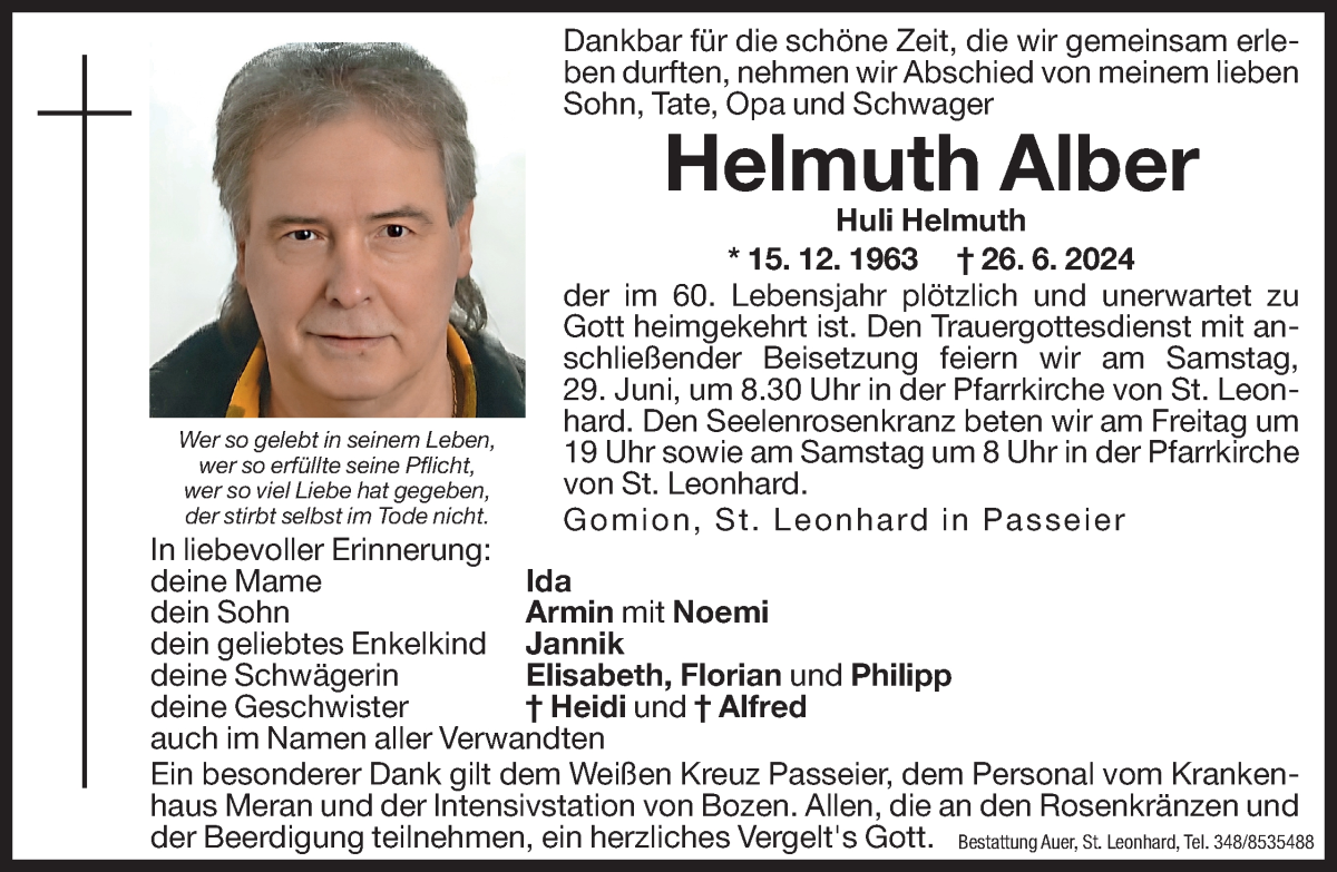  Traueranzeige für Helmuth Alber vom 28.06.2024 aus Dolomiten