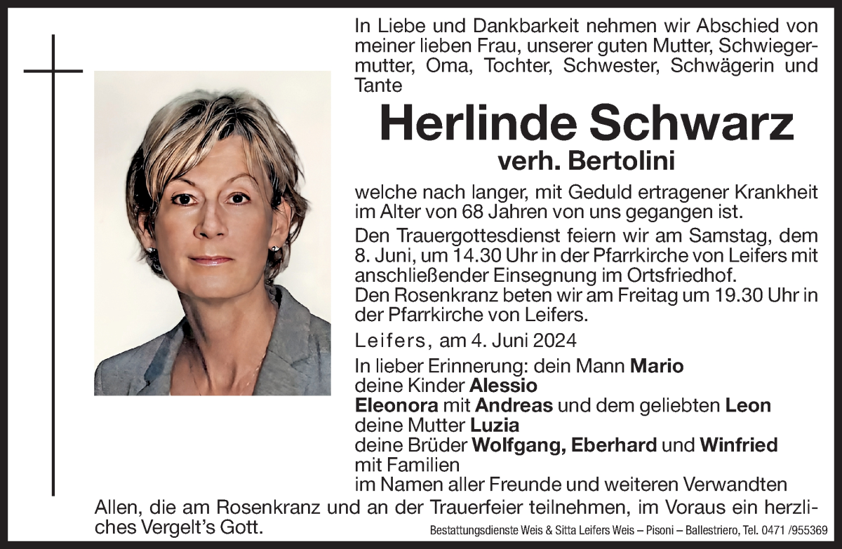  Traueranzeige für Herlinde Bertolini vom 06.06.2024 aus Dolomiten
