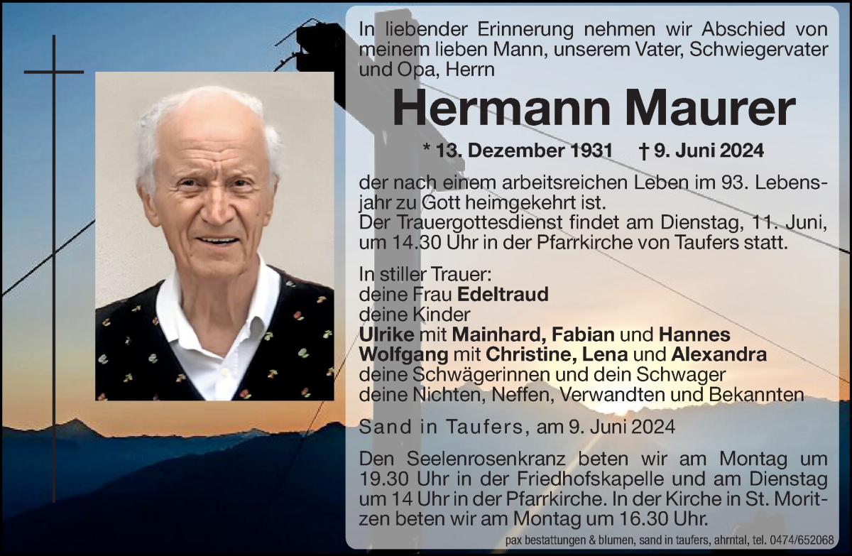  Traueranzeige für Hermann Maurer vom 10.06.2024 aus Dolomiten