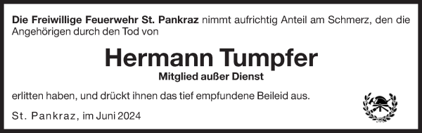 Traueranzeige von Hermann Tumpfer von Dolomiten