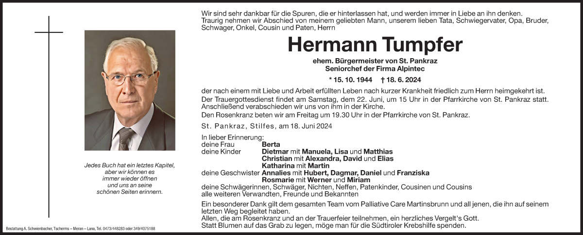  Traueranzeige für Hermann Tumpfer vom 20.06.2024 aus Dolomiten