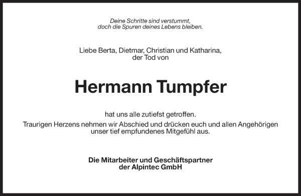 Traueranzeige von Hermann Tumpfer von Dolomiten