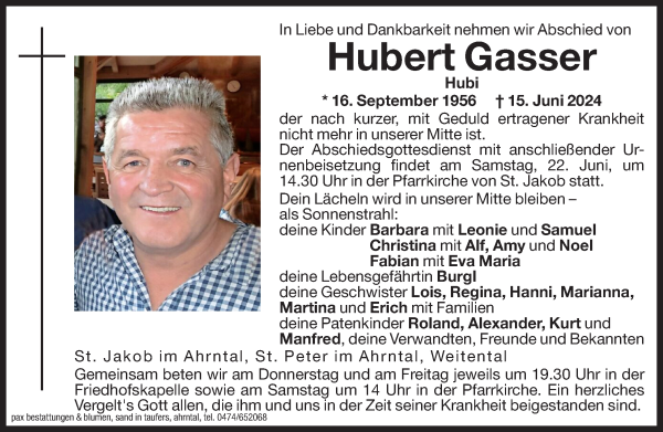 Traueranzeige von Hubert Gasser von Dolomiten