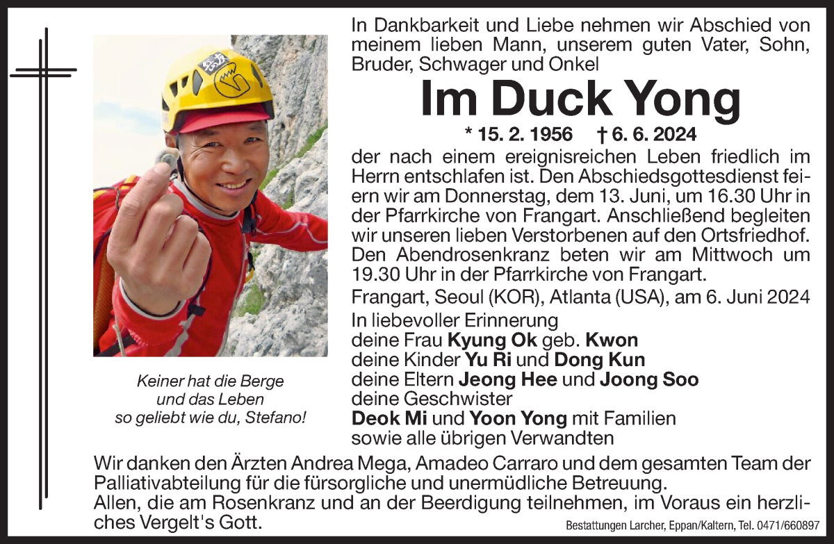  Traueranzeige für Im Duck Yong vom 11.06.2024 aus Dolomiten