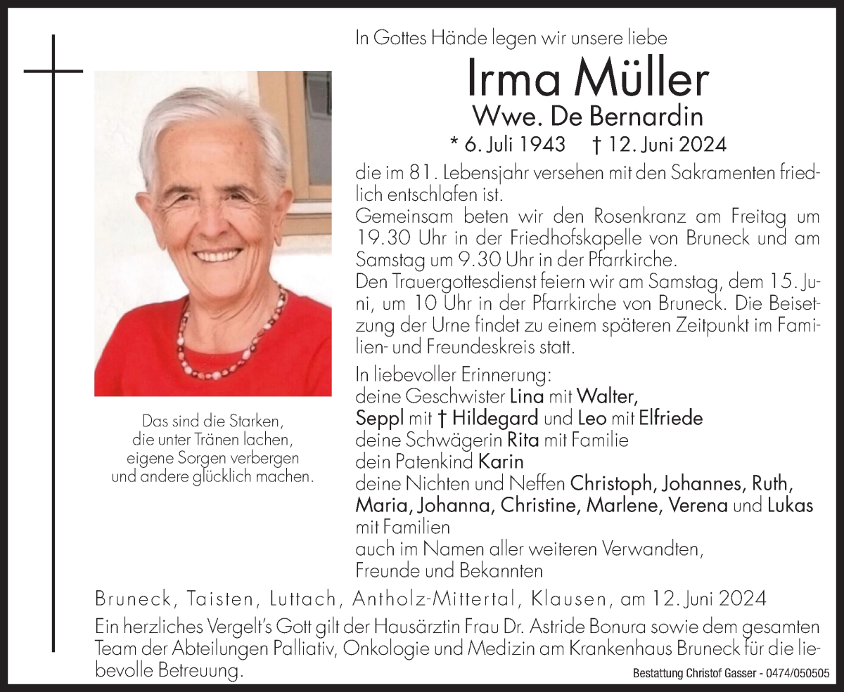  Traueranzeige für Irma De Bernardin vom 14.06.2024 aus Dolomiten